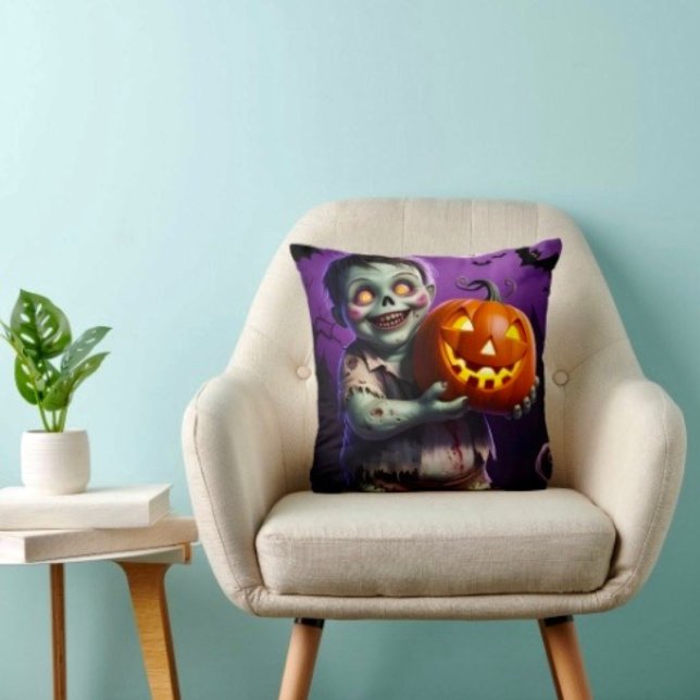Almofada Pequeno Monstro Verde & Amigo Abóbora (Throw Pillow 100% polyester heavyweight stretch material. Hidden zipper Made in the USA.
)