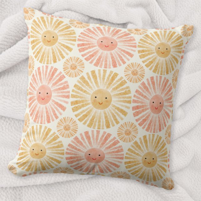 Almofada Pequeno Padrão de Aquarela do Sol (Happy watercolor sunshine pattern throw pillow)
