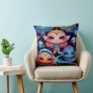 Almofada Pequenos Alienígenas Multicoloridos no Espaço