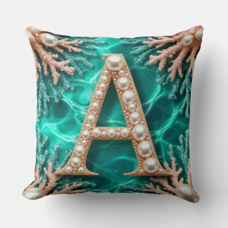 Almofada 🌊 Pérola Coral Teal Monograma Letra A Presente 🌊