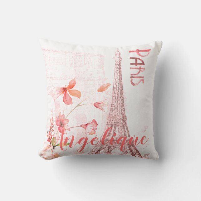 Almofada Personalização de Cena de Paris e Flores Rosa (Frente)