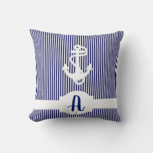 Almofada Personalizado do Monograma de Stripes e Âncoras