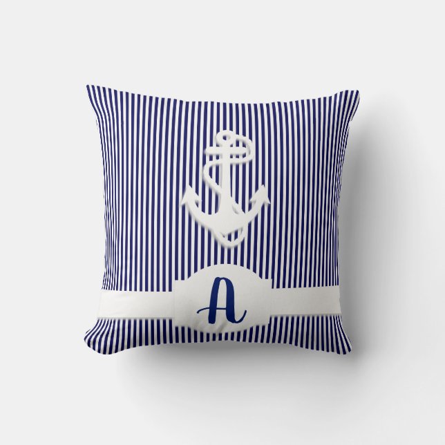 Almofada Personalizado do Monograma de Stripes e Âncoras (Frente)