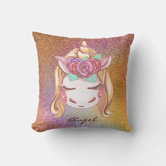 Almofada Personalizado Faux Glitter Rainbow Unicorn (Frente)