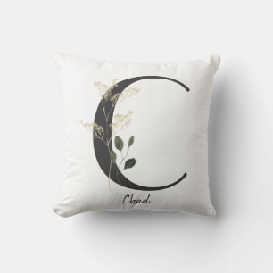 Almofada Personalizado inicial C preto e branco com flor se