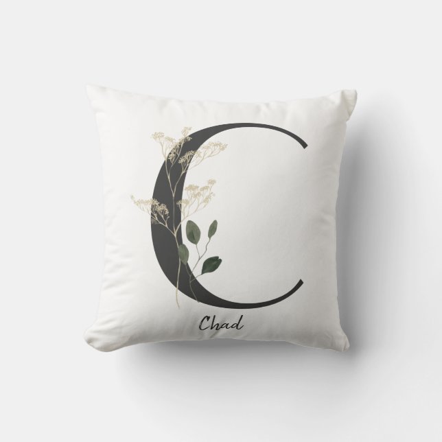 Almofada Personalizado inicial C preto e branco com flor se (Frente)