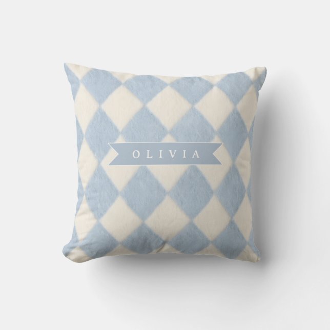 Almofada Personalizado Préppy Azul Suave Fofinho Argyle Nom (Frente)
