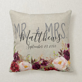 Almofada Personalizar Borgonha Floral Sr. e Sra. Wedding Ke