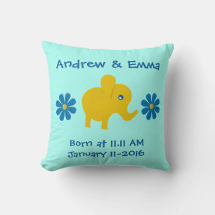 Almofada Personalizar elefante amarelo, flores azuis