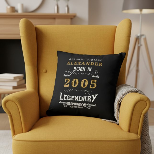 Almofada Personalized 21st Birthday Born 2005 Legend Black (Born 2005 throw pillow on a yellow chair.)