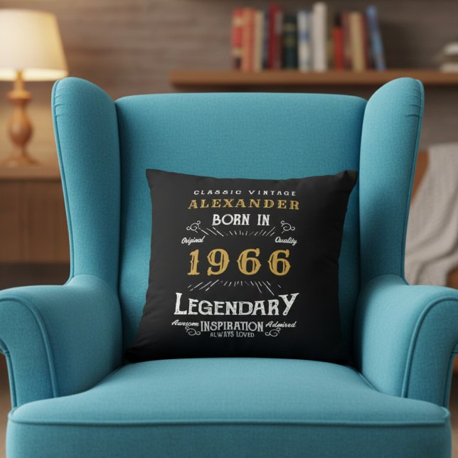 Almofada Personalized 60th Birthday Born 1966 Legend Black (Born 1996 throw pillow in an armchair.)