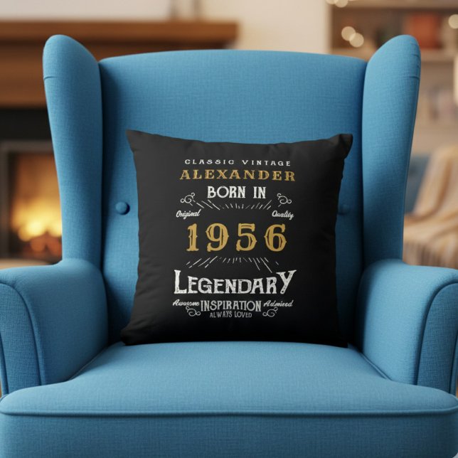 Almofada Personalized 70th Birthday Born 1956 Legend Black (Born 1956 throw pillow in an armchair.)