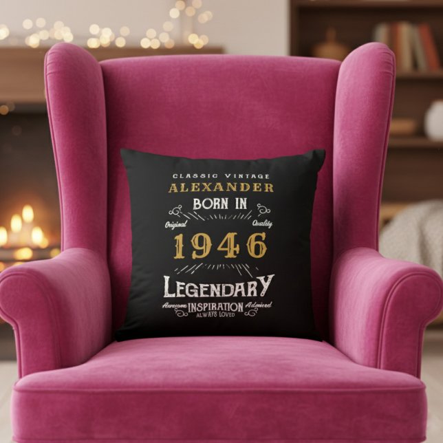 Almofada Personalized 80th Birthday Born 1946 Legend Black (Born 1946 throw pillow on a pink chair.)