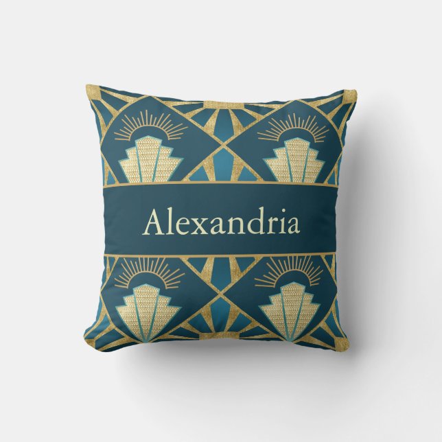 Almofada Personalized Art Deco Teal & Gold Geometric Name  (Frente)