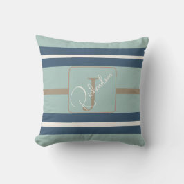 Almofada Personalized Blue Mint Tan Stripe Monogram Coastal