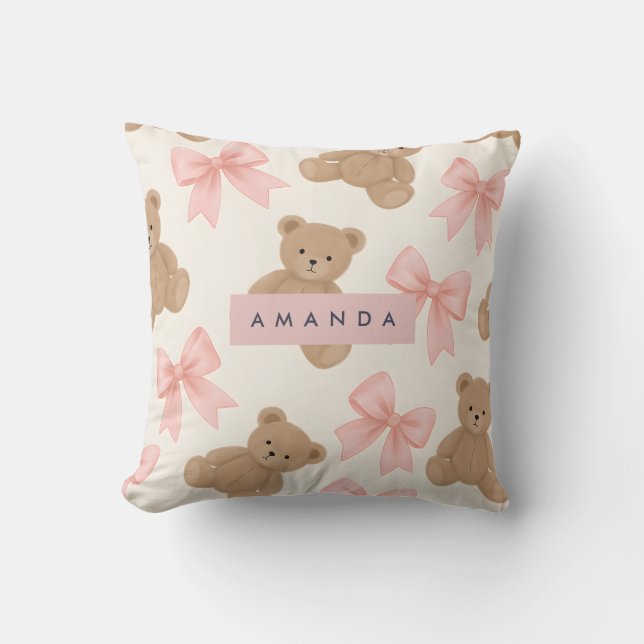 Almofada Personalized Cute Teddy Bear and Pink Bow Pattern (Frente)