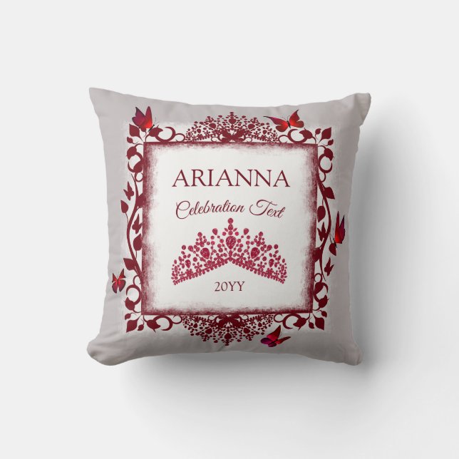 Almofada Personalized Gray, Burgundy Red Tiara, Butterfly (Frente)