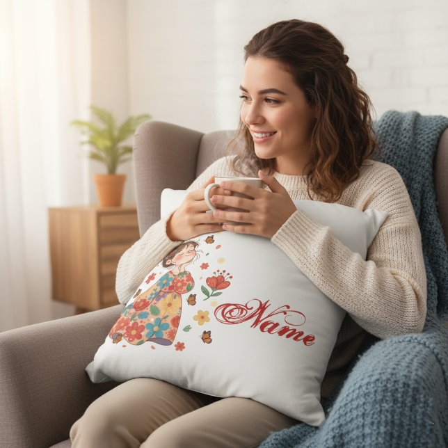 Almofada Personalized Happy Girl Floral Messy Bun Name (Criador carregado)