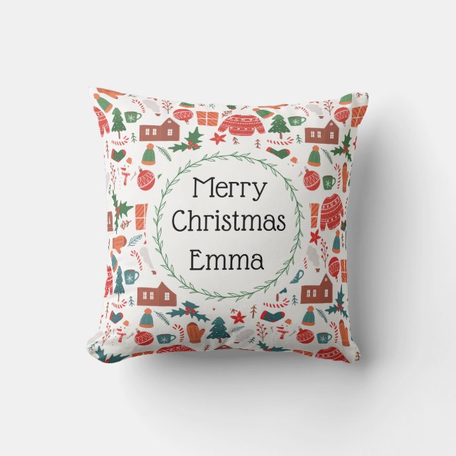 Almofada Personalized Merry Christmas Name Holiday Pillow (Frente)