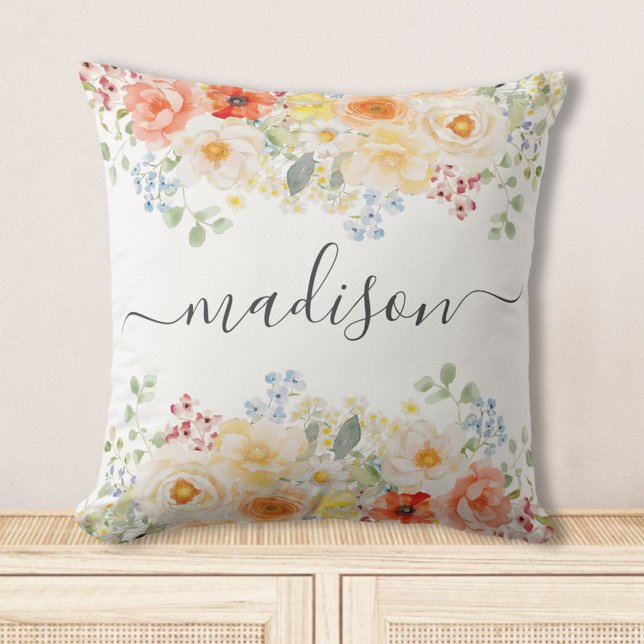 Almofada Personalized Name Monogram Watercolor Sunny Floral (Criador carregado)