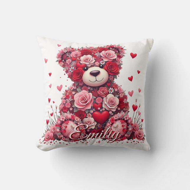 Almofada Personalized Name Valentine’s Day Floral Bear  (Frente)