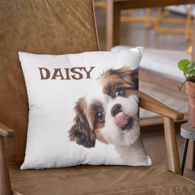 Almofada Personalized Pastel Brown Dog Photo & Name Pillow (Criador carregado)