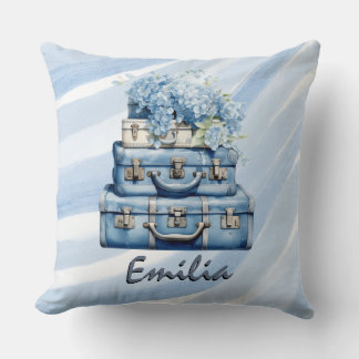 Almofada Personalized pillow Vintage suitcases Blue hydrang