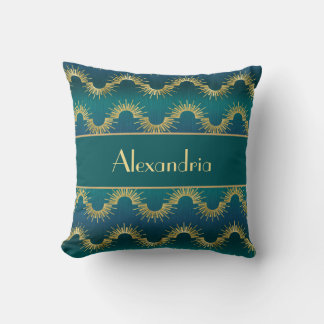 Almofada Personalized Teal & Gold Art Deco Sunburst Name