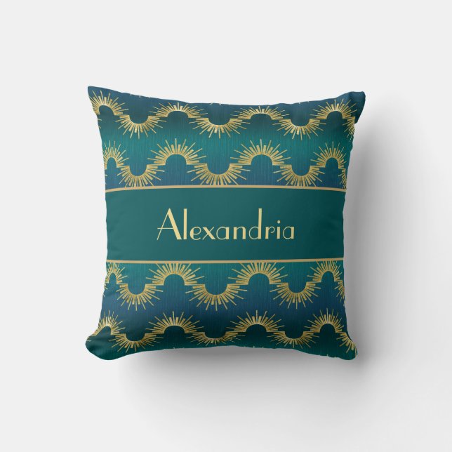 Almofada Personalized Teal & Gold Art Deco Sunburst Name (Frente)
