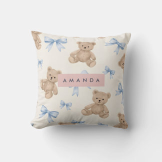 Almofada Personalized Teddy Bear & Blue Bow Pattern