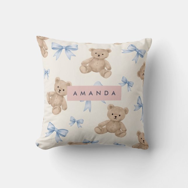 Almofada Personalized Teddy Bear & Blue Bow Pattern (Frente)