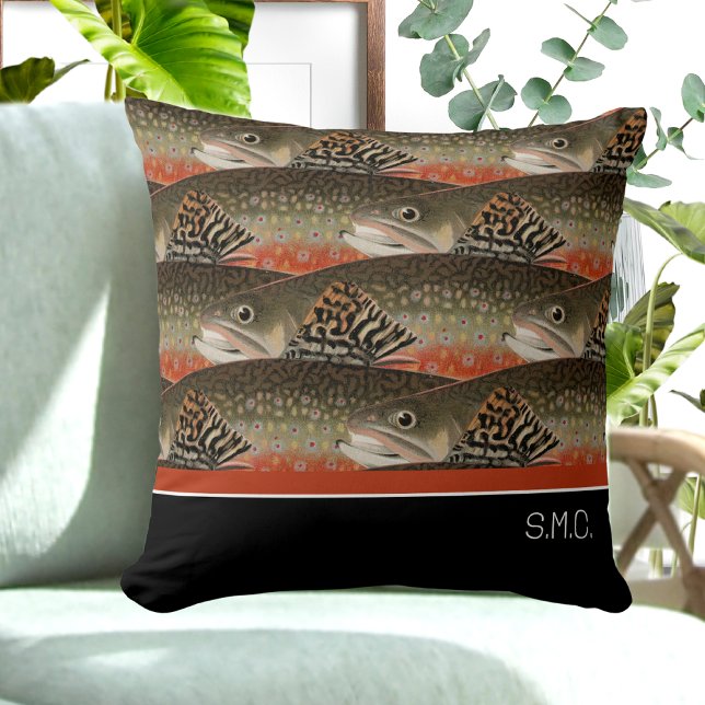 Almofada Pescador Brook Trout Fish Design Black White Rust (Criador carregado)