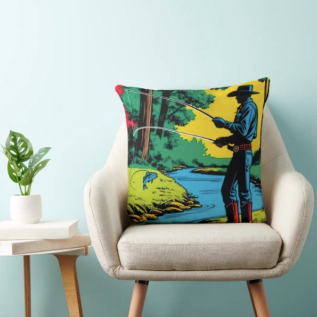 Almofada Pescador na Margem do Rio (Retro Cowboy Fishing Riverside Scene pillow high quality 100% polyester hidden zipper enclosure.
)