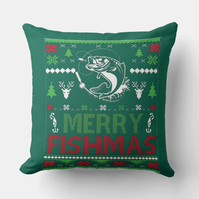 Almofada PESCANDO Peixe de Roupa de Natal Feio, Feliz Fi (Frente)