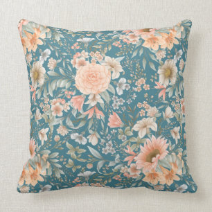 Almofada Pêssego e Azul Floral no Travesseiro decorativo M