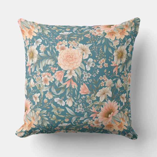 Almofada Pêssego e Azul Floral no Travesseiro decorativo Mé (Frente)