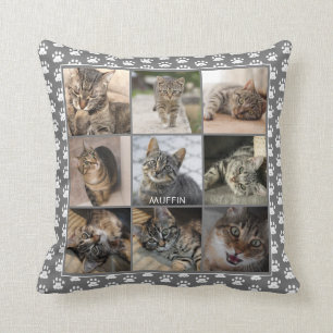 Almofada Pet Cat Photo Collage Paw Imprimir Padrão Cinza N