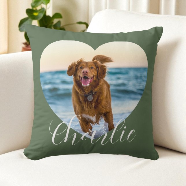 Almofada Pet Photo Green Script Cute Heart Personalized Dog (Pet Photo Green Script Cute Heart Personalized Dog Throw Pillow)