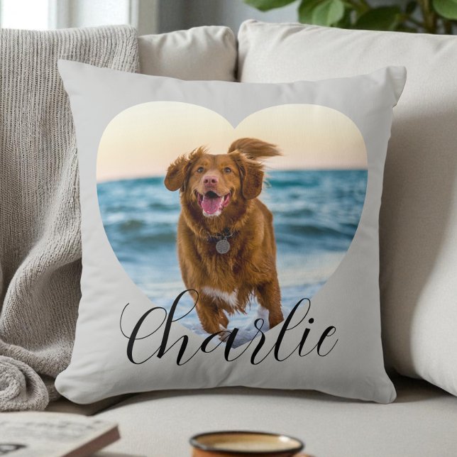 Almofada Pet Photo Script Modern Heart Personalized Dog (Pet Photo Script Modern Heart Personalized Dog Throw Pillow)
