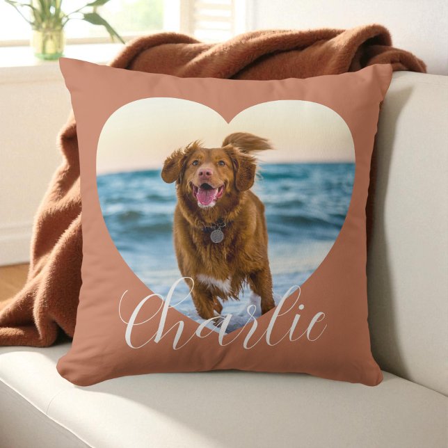 Almofada Pet Photo Script Terracotta Heart Personalized Dog (Pet Photo Script Terracotta Heart Personalized Dog Throw Pillow)