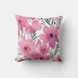 Almofada Pétalas Cor-de-Rosa Flores Pintadas em Aquarela