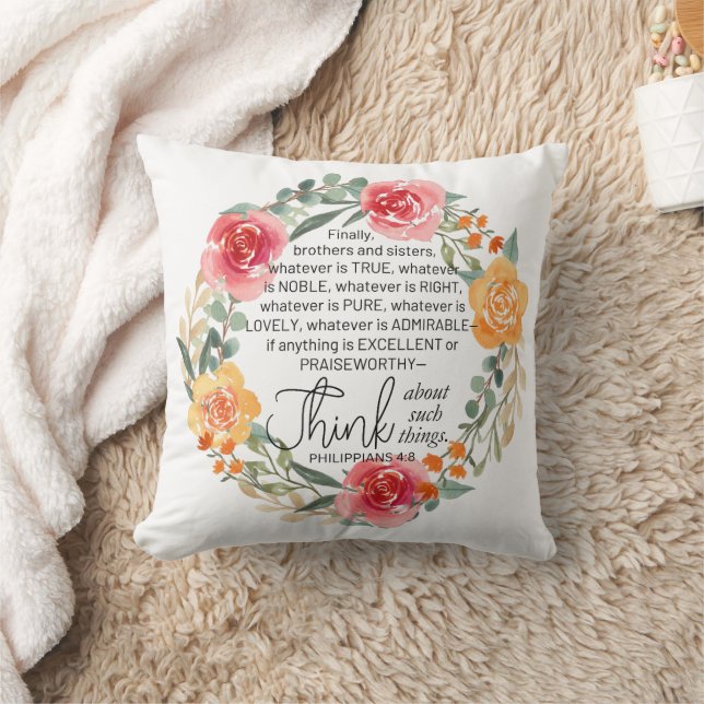 Almofada Philippians 4:8 Floral Wreath rosa e amarelo (Cobertor)