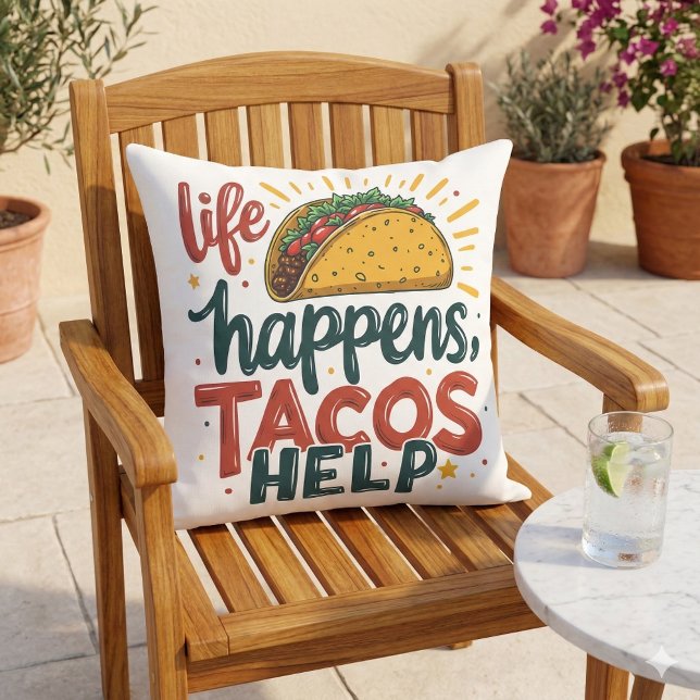 Almofada Piada de Amante de Taco Festa Comida Divertida Hum (Funny Taco Lover Fiesta Foodie Humor Art White Outdoor Pillow Mockup A)