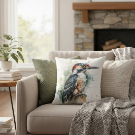 Almofada Pica-pau bonito sentado sobre uma vara de madeira