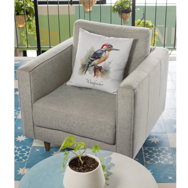 Almofada Pica-pau Woodland Aquarela, personalizado (Criador carregado)