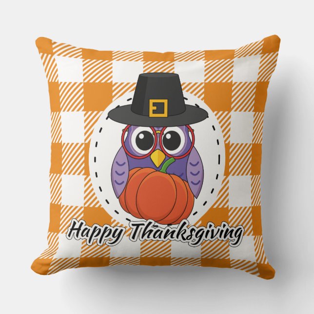 Almofada Pilgrim Owl on Orange Plaid - Happy Thanksgiving (Frente)