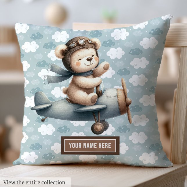 Almofada Piloto de Urso de Teddy Personalizado Travesseiro  (Teddy Bear Pilot Personalized Baby Boy Pillow)