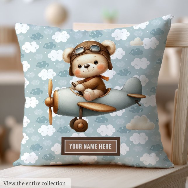 Almofada Piloto de Urso de Teddy Personalizado Travesseiro  (Personalized Teddy Bear Pilot Baby Pillow for Boys Gift)