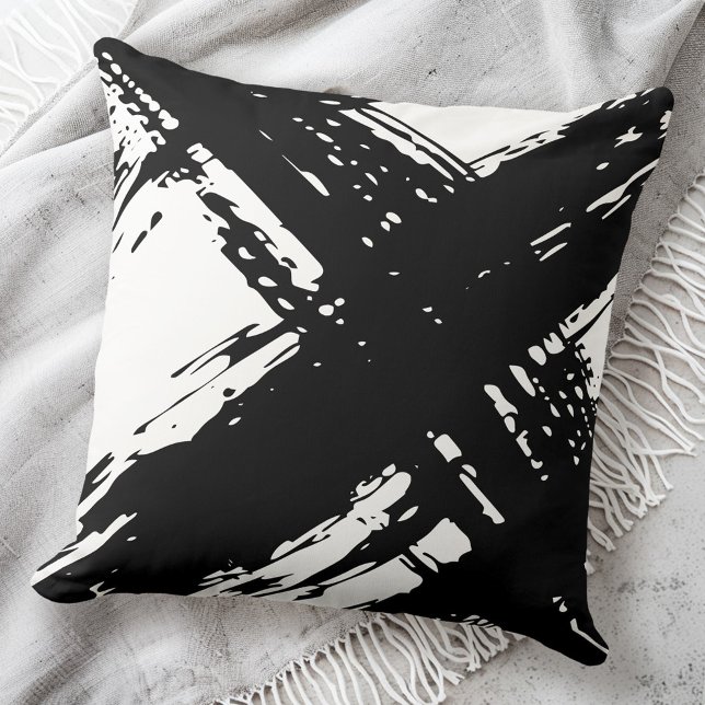 Almofada Pincéis brancos e pretos (Black and white messy brushstrokes throw pillow)