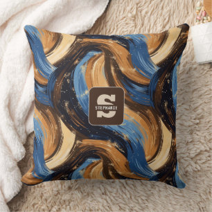Almofada Pincéis de Abstrato Curly em Azul e Castanho